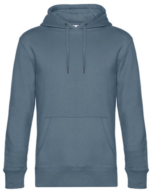 ein graublauer  Hoodie, Kapuzenpulli ist von vorne dargestellt. Vorne befindet sich auf Bauchhöhe eine Tasche